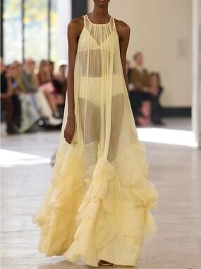 NWT Aje Yellow Ruffled Hem Halter Maxi Dress